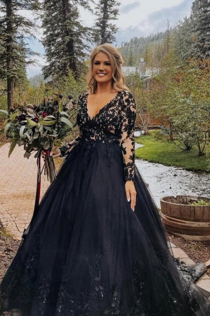 Elegant Long Black A-line V-neck Long Sleeves Wedding Dresses With Lace-BMbridal