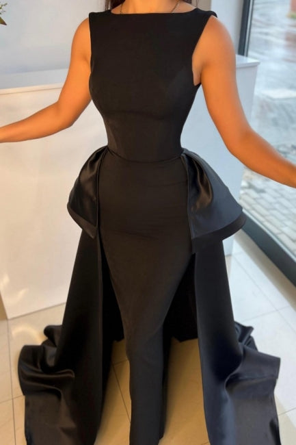 Elegant Long Black Evening Dresses Simple Drom Dresses With Detachable Train-BMbridal.com