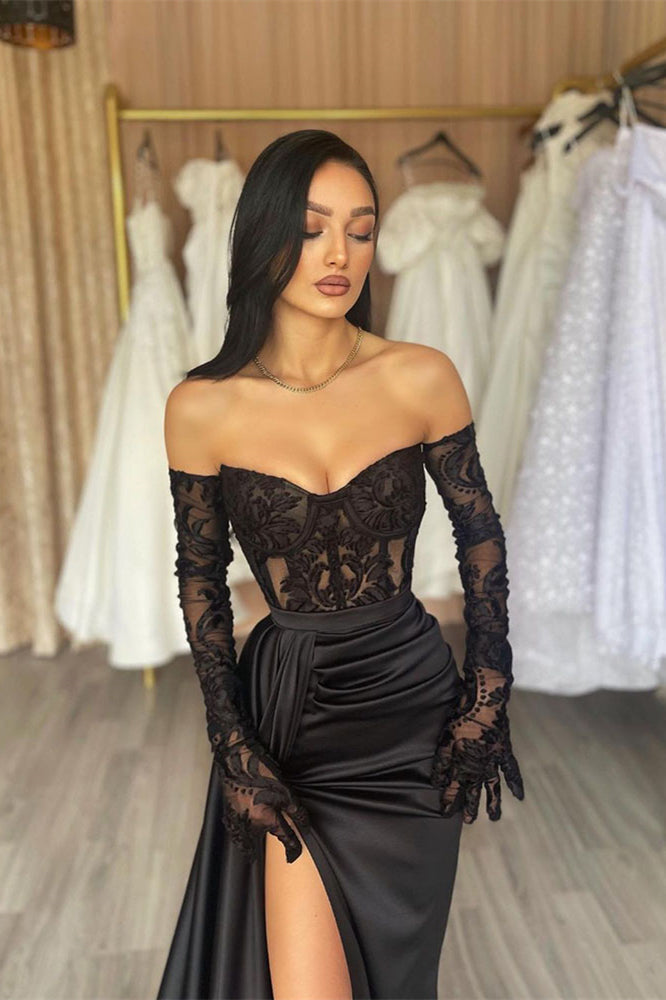 Elegant Long Black Off-the-shoulder Lace Mermaid Prom Dress With Slit-BMbridal.com