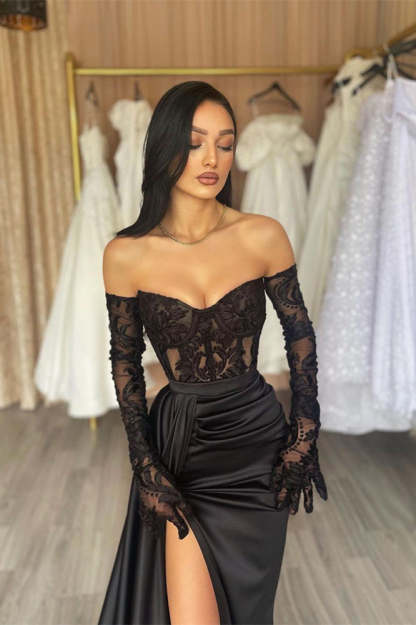 Elegant Long Black Off-the-shoulder Lace Mermaid Prom Dress With Slit-BMbridal.com
