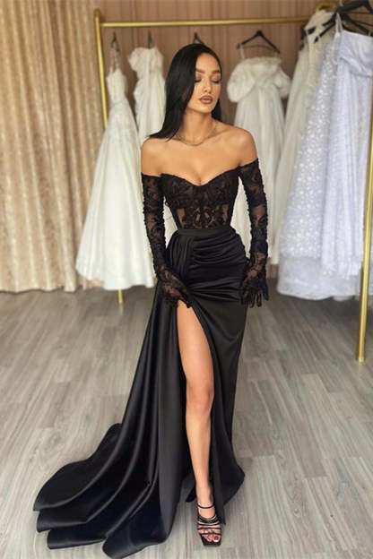 Elegant Long Black Off-the-shoulder Lace Mermaid Prom Dress With Slit-BMbridal.com