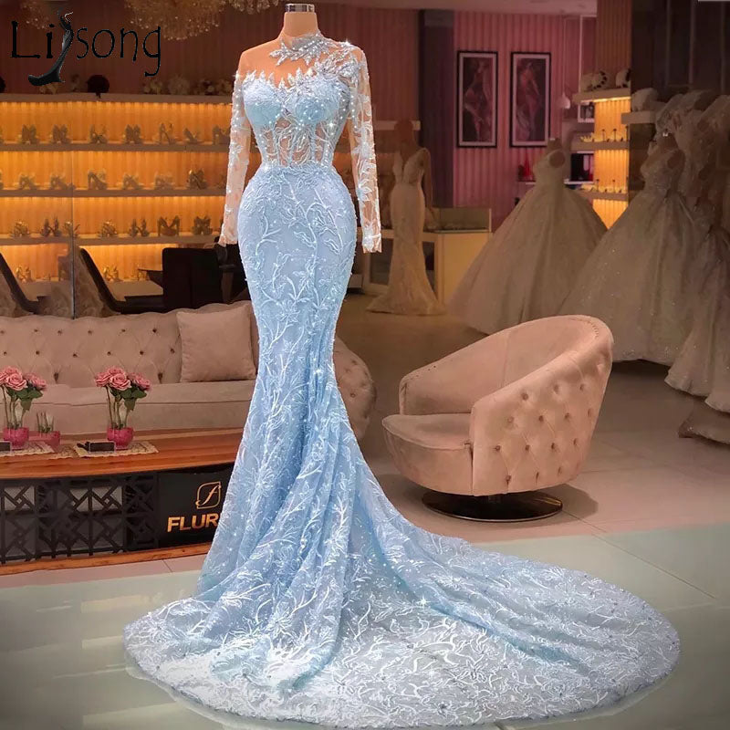 Elegant Long Blue Mermaid Long Sleeves Lace Prom Dress With Train-BMbridal.com