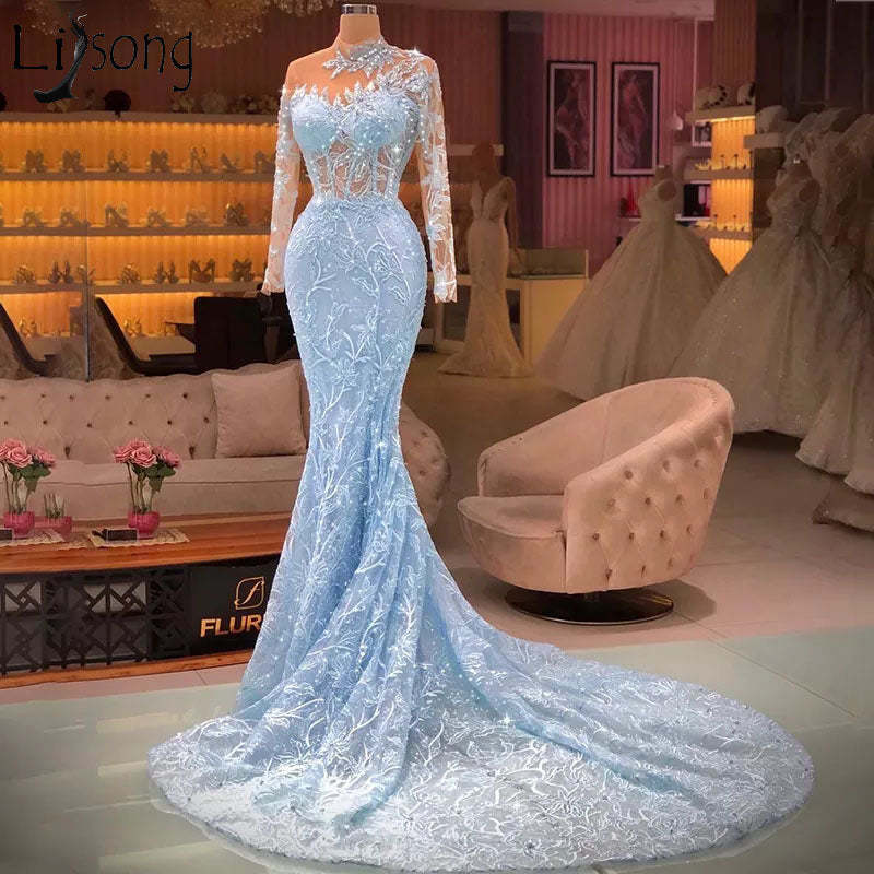 Elegant Long Blue Mermaid Long Sleeves Lace Prom Dress With Train-BMbridal.com