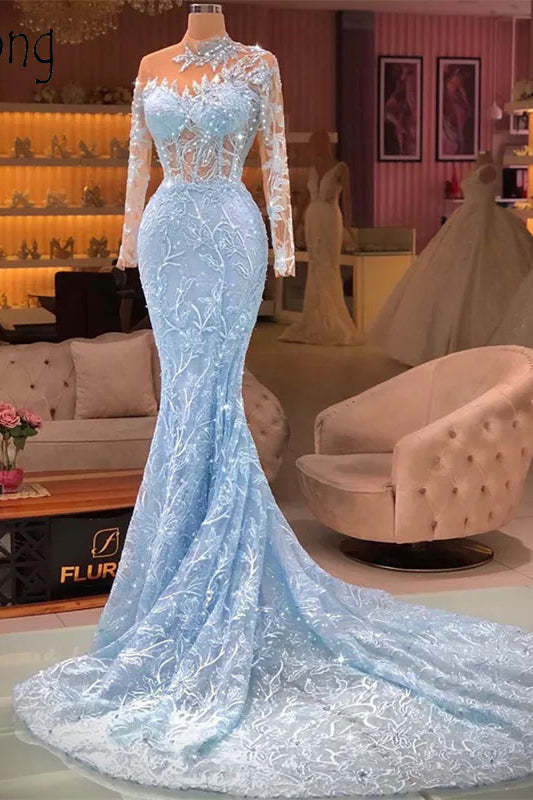 Elegant Long Blue Mermaid Long Sleeves Lace Prom Dress With Train-BMbridal.com
