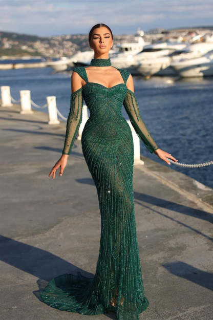 Elegant Long Dark Green Beading Off-the-shoulder Prom Dress With Sleeves-BMbridal.com