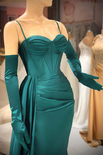 Elegant Long Dark Green Spaghetti Straps Prom Dress With Ruffles-BMbridal.com