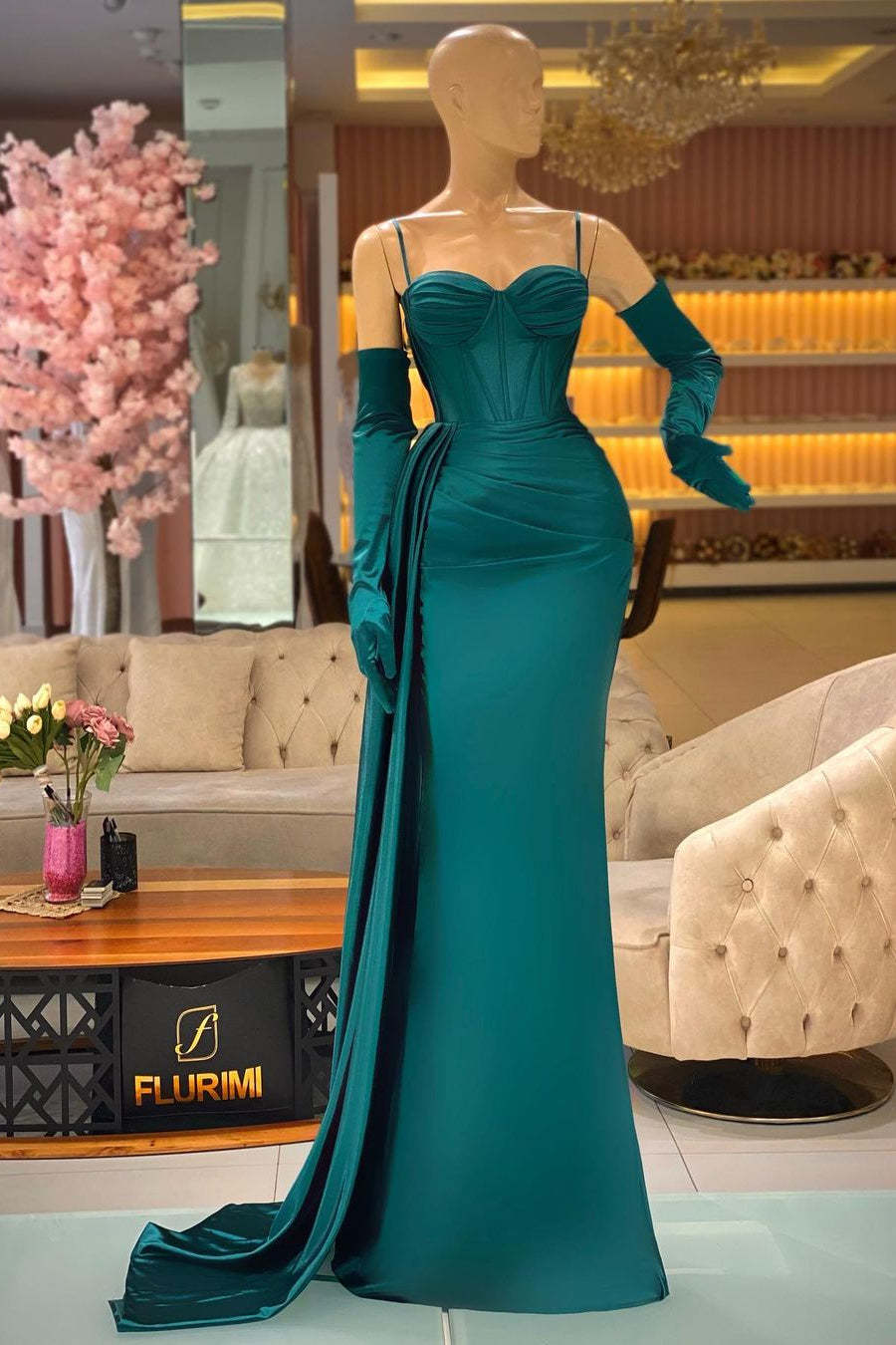 Elegant Long Dark Green Spaghetti Straps Prom Dress With Ruffles-BMbridal.com