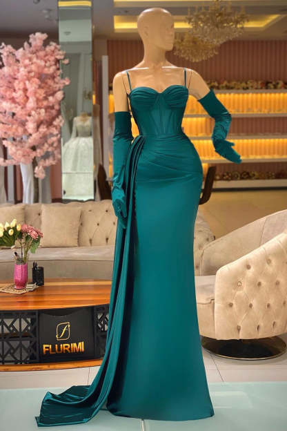 Elegant Long Dark Green Spaghetti Straps Prom Dress With Ruffles-BMbridal.com