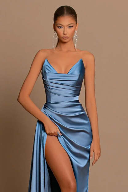 Elegant Long Dusty Blue Mermaid Sleeveless Prom Dress With Slit-BMbridal.com