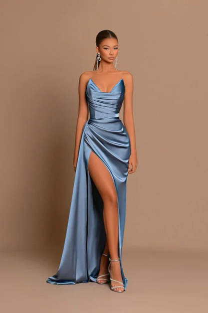 Elegant Long Dusty Blue Mermaid Sleeveless Prom Dress With Slit-BMbridal.com