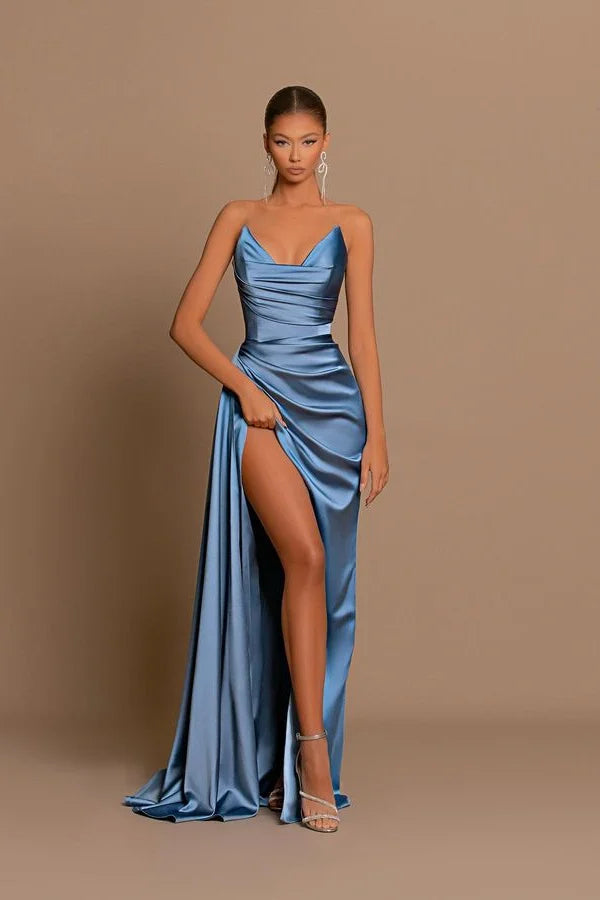Elegant Long Dusty Blue Mermaid Sleeveless Prom Dress With Slit-BMbridal.com