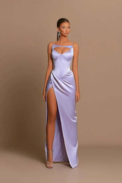 Elegant Long Lilac Spaghetti Straps Mermaid Sleeveless Prom Dress-BMbridal.com