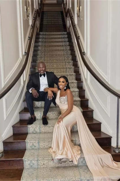 Elegant Long Mermaid One Shoulder Sequined Prom Dress With Ruffles-BMbridal.com