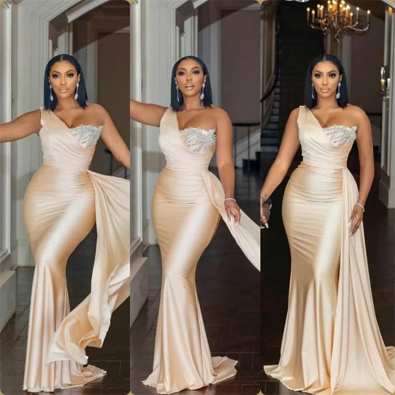 Elegant Long Mermaid One Shoulder Sequined Prom Dress With Ruffles-BMbridal.com