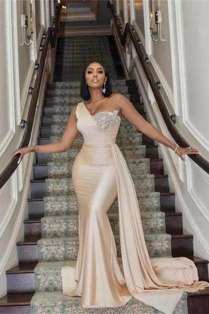 Elegant Long Mermaid One Shoulder Sequined Prom Dress With Ruffles-BMbridal.com