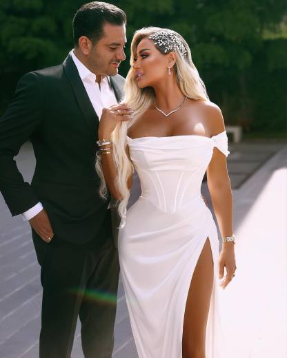 Elegant Long Off-the-shoulder Satin Wedding Dress With Slit-BMbridal.com