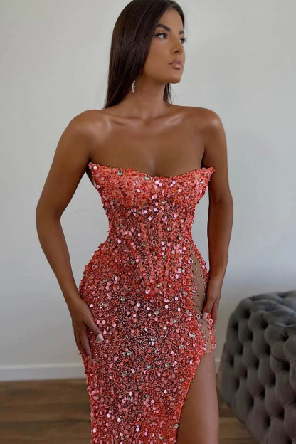 Elegant Long Pink Sexy Strapless Sleeveless Mermaid Prom dresses With Rhinestone-BMbridal.com