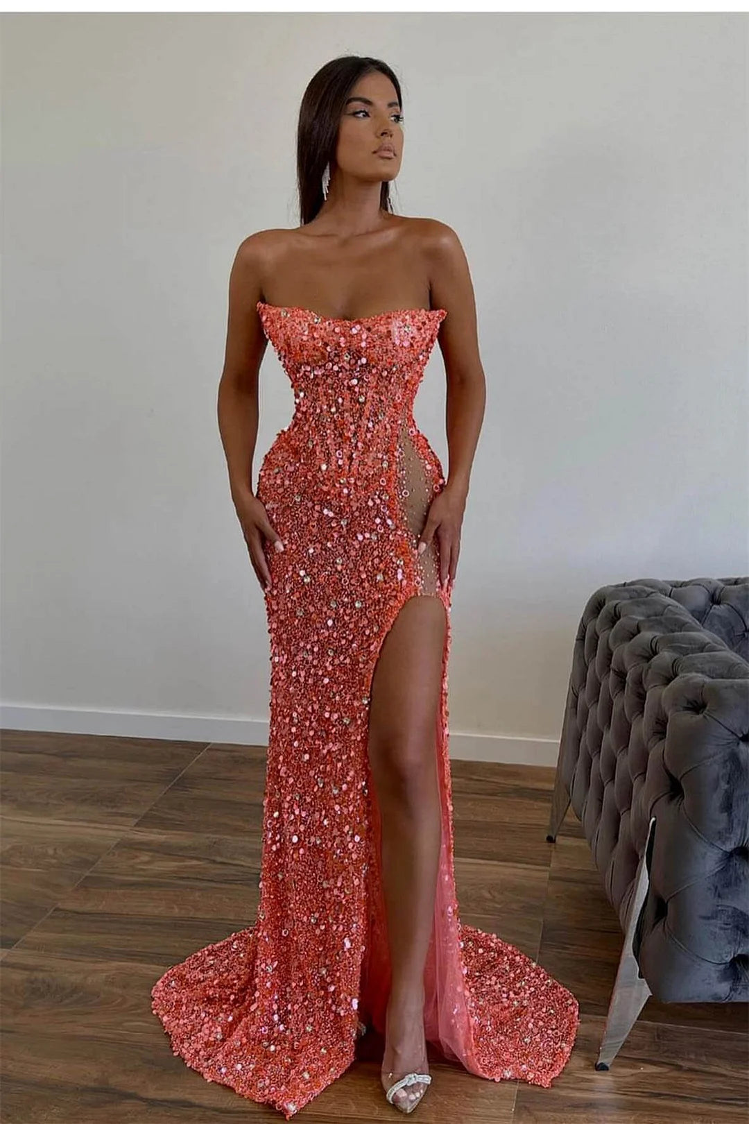 Elegant Long Pink Sexy Strapless Sleeveless Mermaid Prom dresses With Rhinestone-BMbridal.com