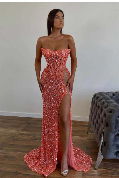 Elegant Long Pink Sexy Strapless Sleeveless Mermaid Prom dresses With Rhinestone-BMbridal.com