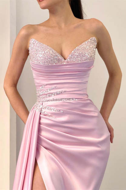 Elegant Long Pink Sleeveless Front Split Satin Prom Dress With Beading-BMbridal.com