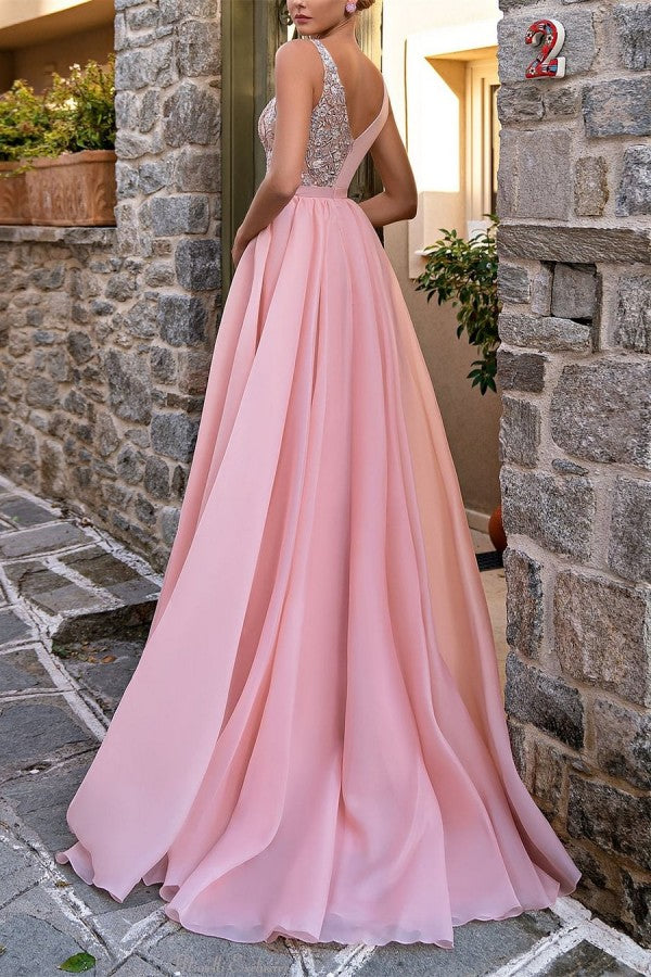 Elegant Long Pink V-Neck A-line Glitter Sleeveless Evening Dresses With Slit-BMbridal.com