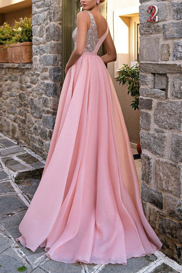 Elegant Long Pink V-Neck A-line Glitter Sleeveless Evening Dresses With Slit-BMbridal.com