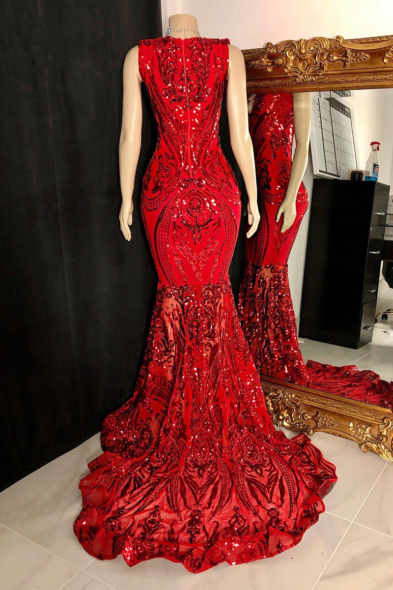 Elegant Long Red Mermaid Sleeveless Prom Dress With Lace-BMbridal.com