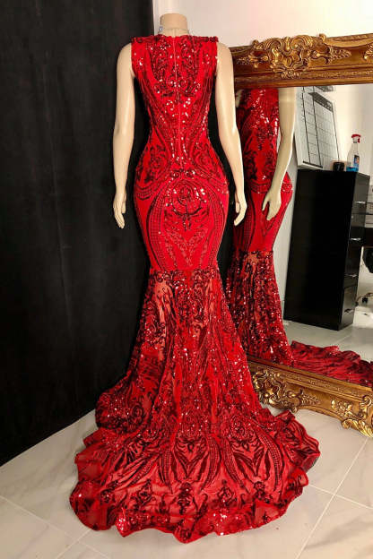 Elegant Long Red Mermaid Sleeveless Prom Dress With Lace-BMbridal.com