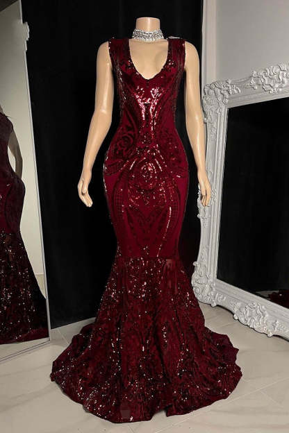 Elegant Long Red Mermaid Sleeveless Prom Dress With Lace-BMbridal.com