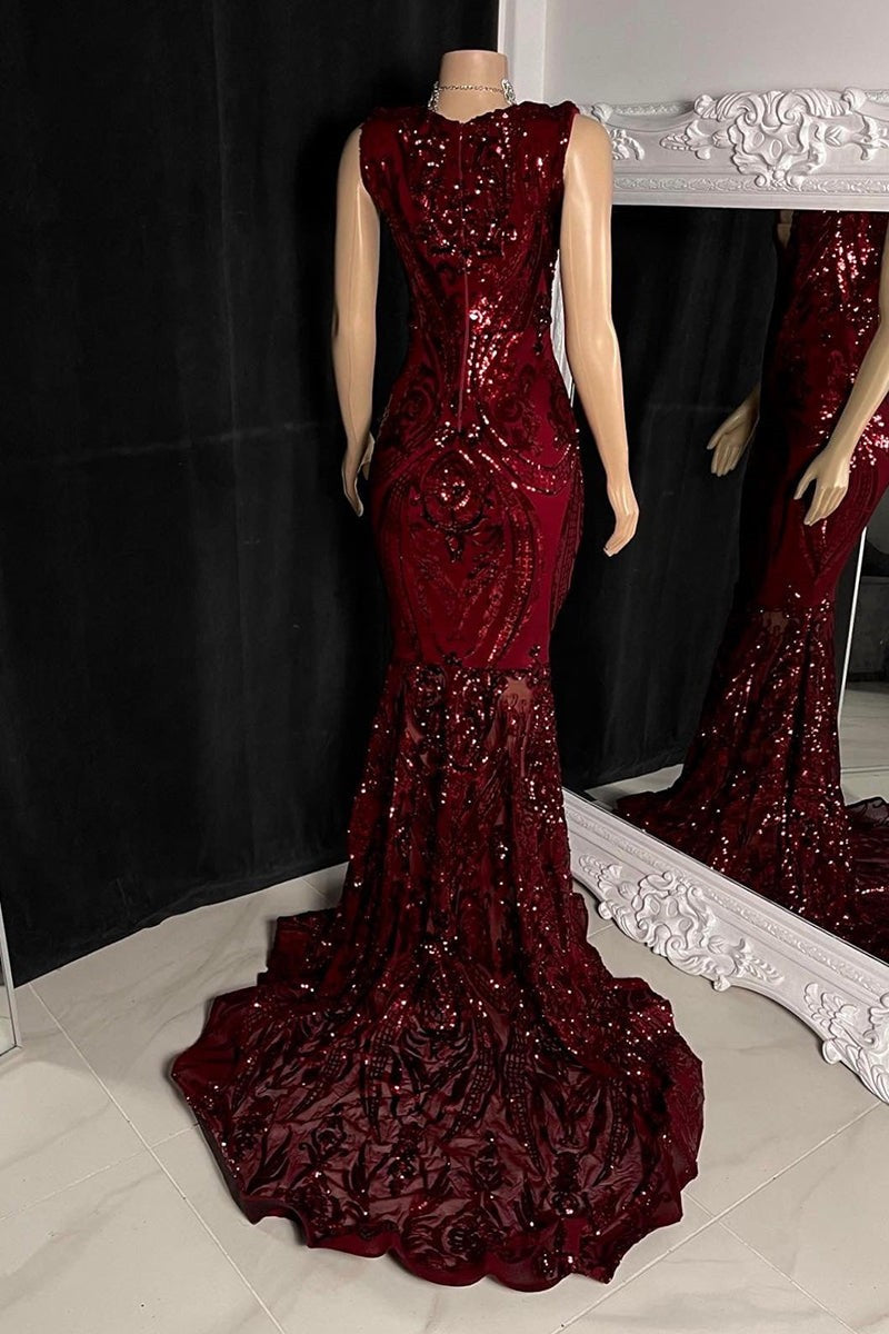 Elegant Long Red Mermaid Sleeveless Prom Dress With Lace-BMbridal.com