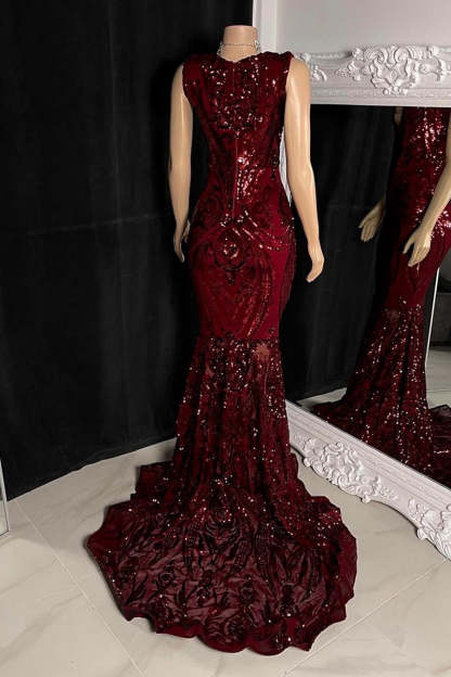 Elegant Long Red Mermaid Sleeveless Prom Dress With Lace-BMbridal.com