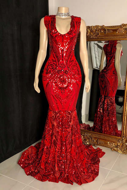 Elegant Long Red Mermaid Sleeveless Prom Dress With Lace-BMbridal.com