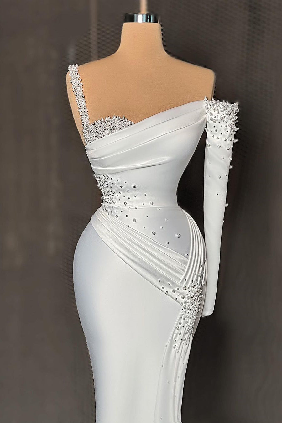 Elegant Long Satin One-Shoulder Mermaid Prom Dress With Beading-BMbridal.com