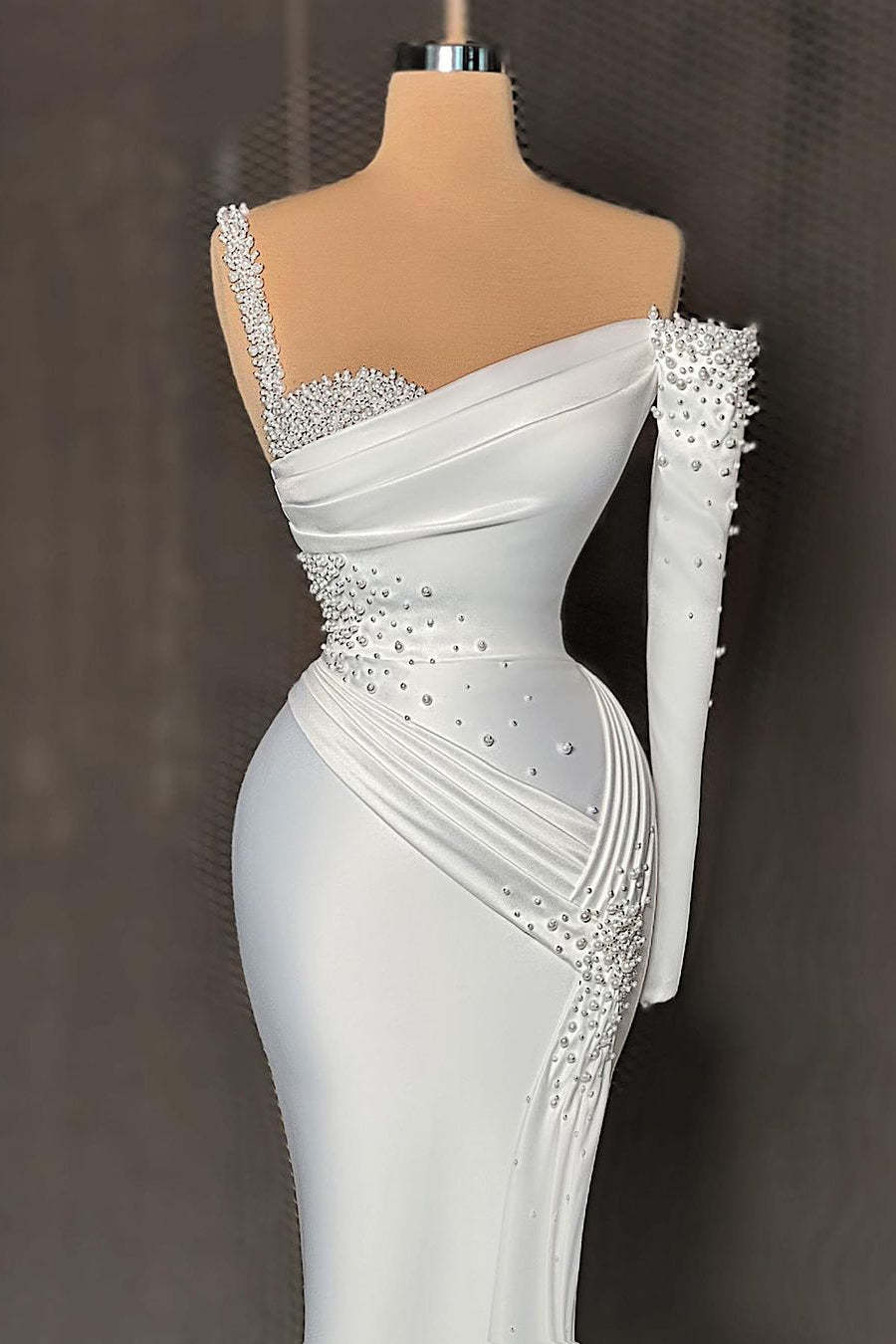 Elegant Long Satin One-Shoulder Mermaid Prom Dress With Beading-BMbridal.com
