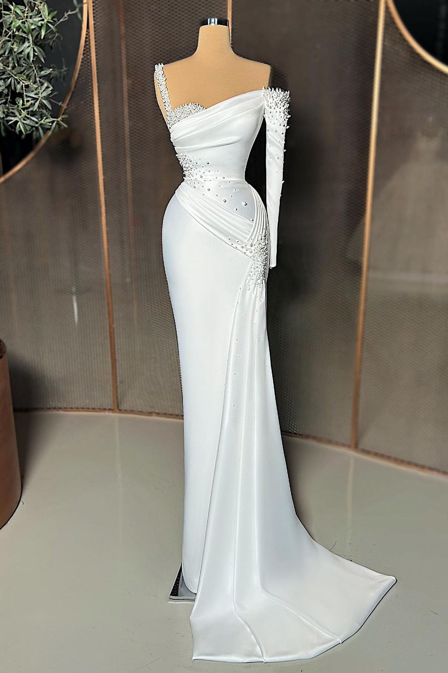 Elegant Long Satin One-Shoulder Mermaid Prom Dress With Beading-BMbridal.com