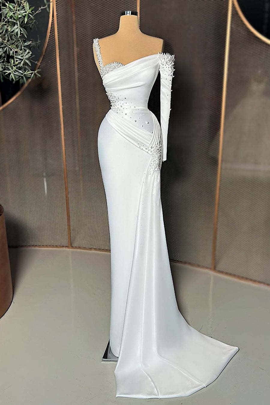 Elegant Long Satin One-Shoulder Mermaid Prom Dress With Beading-BMbridal.com