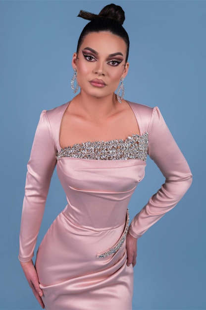 Elegant Long Satin Sleeve Pink Prom Dresses With Rhinestone-BMbridal.com