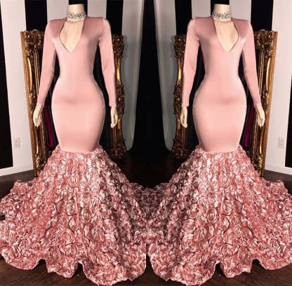 Elegant Long Sleeve Pink Mermaid Flowers Bottom Evening Gowns-BMbridal.com