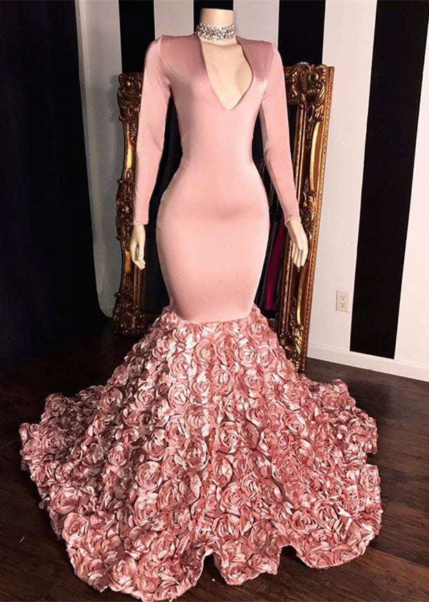 Elegant Long Sleeve Pink Mermaid Flowers Bottom Evening Gowns-BMbridal.com