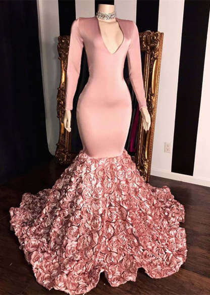 Elegant Long Sleeve Pink Mermaid Flowers Bottom Evening Gowns-BMbridal.com