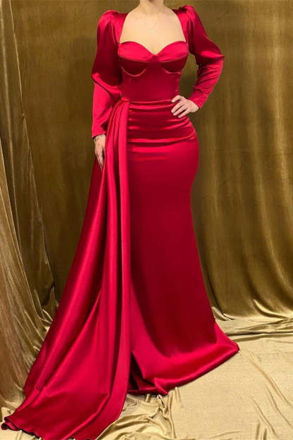 Elegant Long Strapless Red Satin Mermaid Prom Dress With Long Sleeves-BMbridal.com