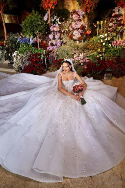 Elegant Long White A-line Appliques Lace Straps Weeding Dress-BMbridal.com