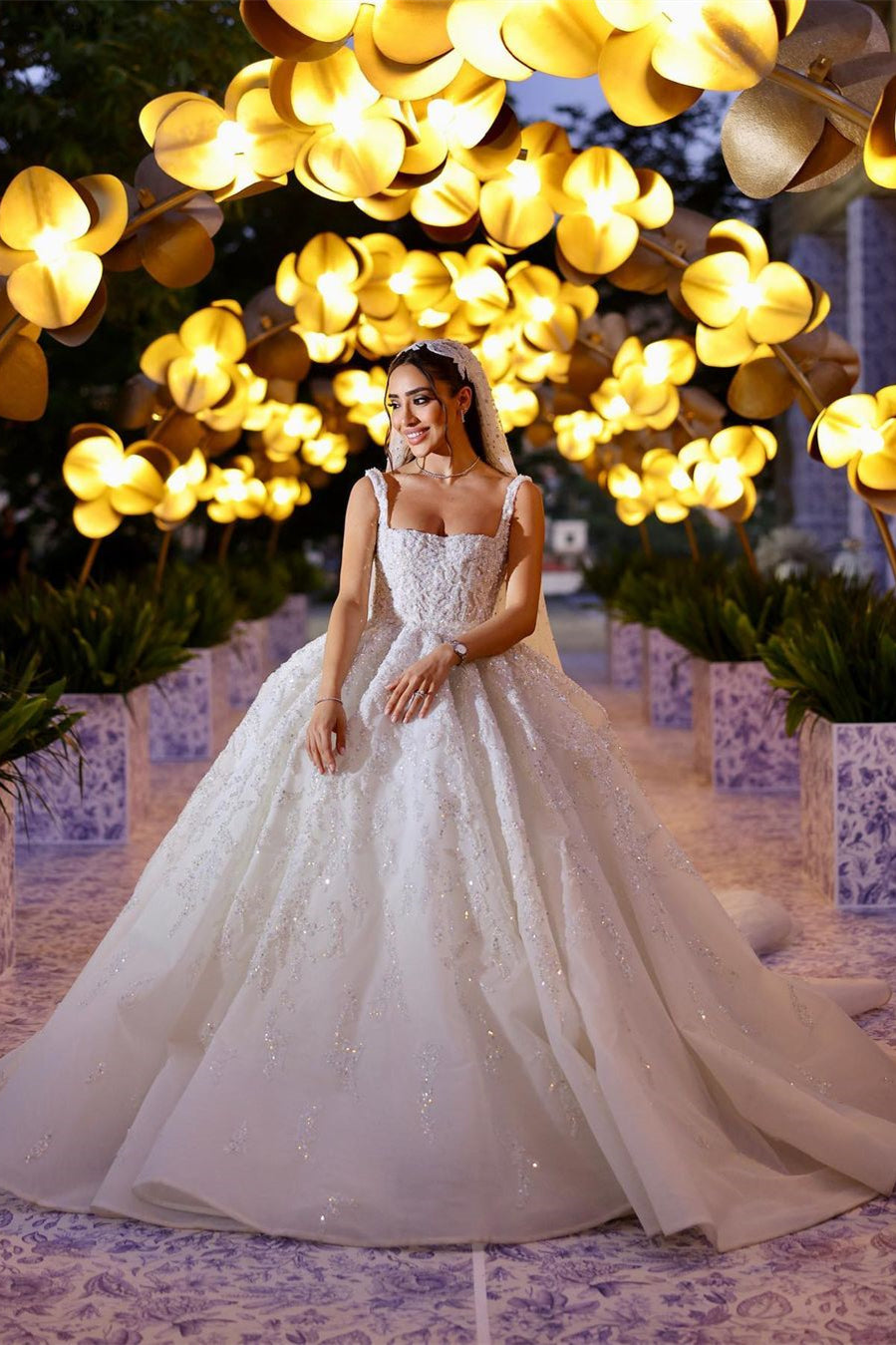 Elegant Long White A-line Appliques Lace Straps Weeding Dress-BMbridal.com