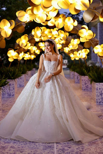 Elegant Long White A-line Appliques Lace Straps Weeding Dress-BMbridal.com