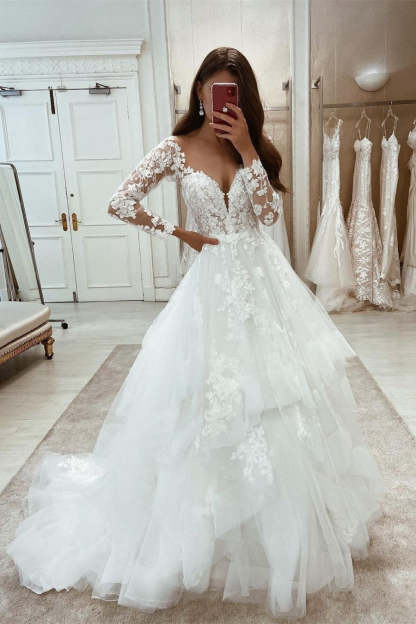 Elegant Long White A-line Appliques Long Sleeves Wedding Dress With Lace-BMbridal.com