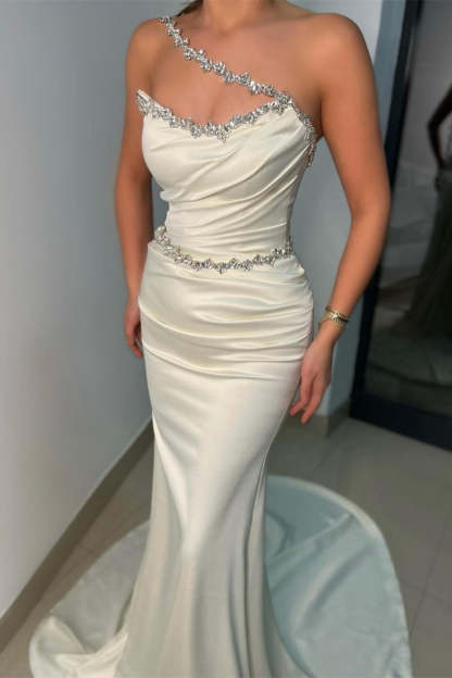 Elegant Long White Strapless Satin Mermaid Sleeveless Prom Dresses With Rhinestone-BMbridal.com