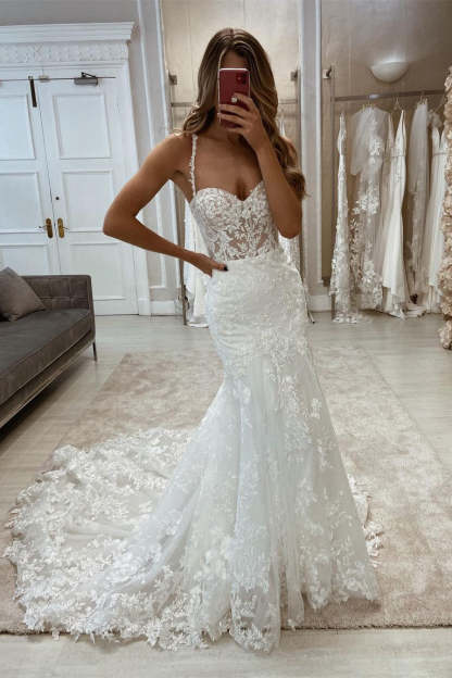 Elegant Mermaid Appliques Sleeveless Wedding Dress With Lace-BMbridal.com