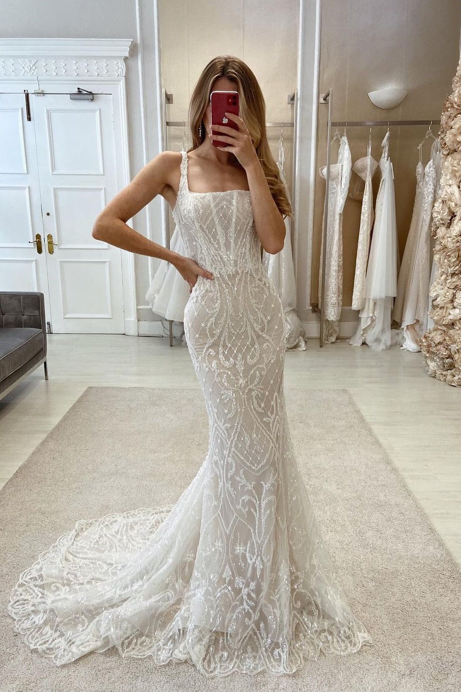 Elegant Mermaid Straps Sleeveless Lace Wedding Dress With Train-BMbridal.com