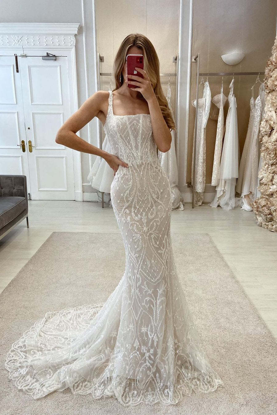Elegant Mermaid Straps Sleeveless Lace Wedding Dress With Train-BMbridal.com