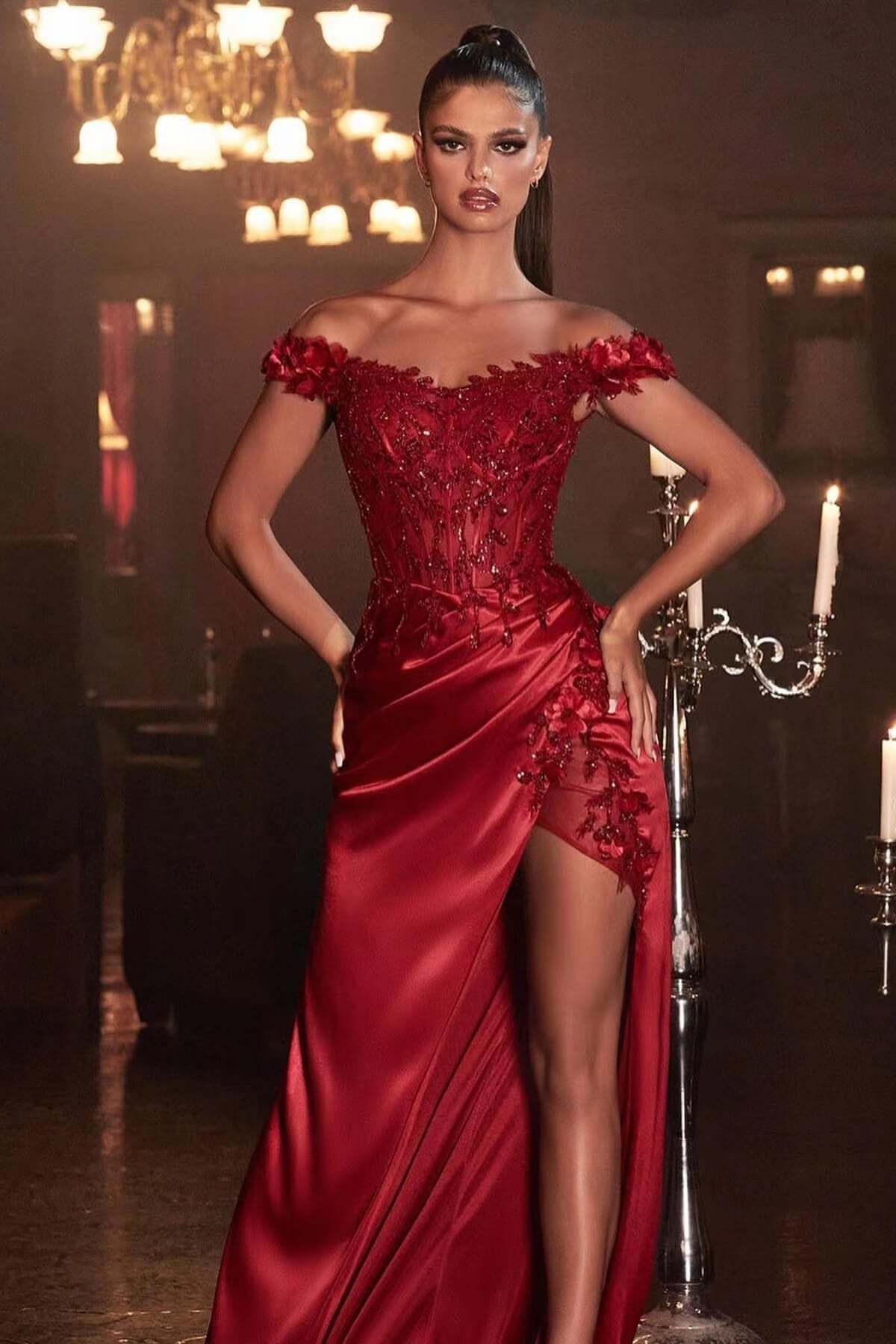Elegant Off-the-Shoulder Appliques Prom Dress With Slit-BMbridal.com